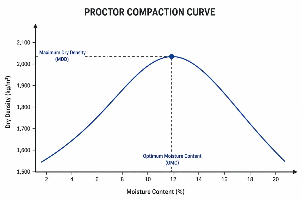 Proctor compaction curve showing optimum moisture content and maximum dry density