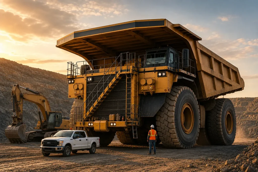 Ultra-class mining haul truck beside construction equipment and a pickup truck in an open-pit mine.