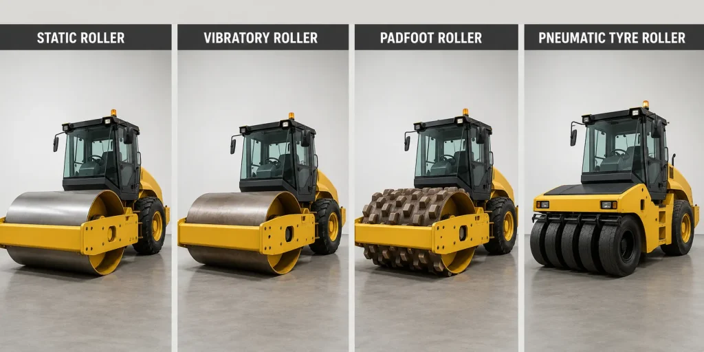 Comparison of four soil compaction equipment types: static, vibratory, padfoot, and pneumatic rollers