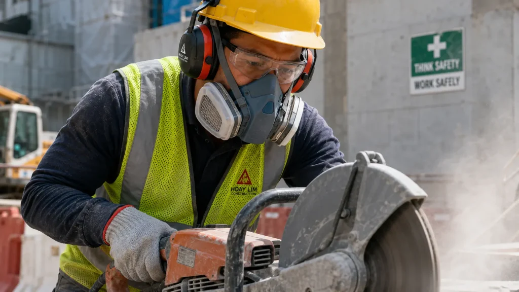 Worker wearing respirator and hearing protection while cutting concrete