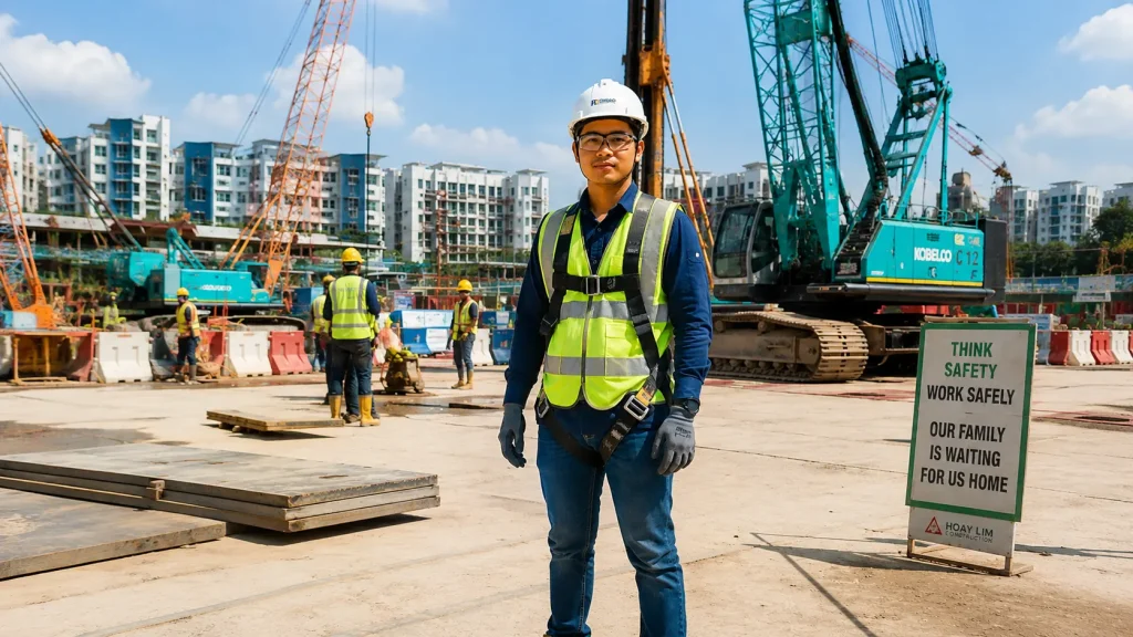Construction worker wearing complete personal protective equipment