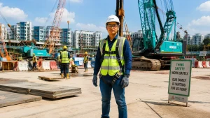 Construction worker wearing complete personal protective equipment