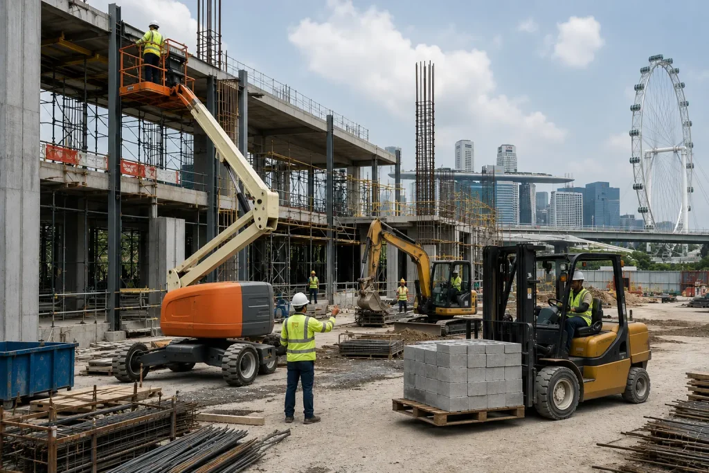 Small construction crew operating a boom lift, forklift, and excavator simultaneously to maximize productivity on an active construction site.