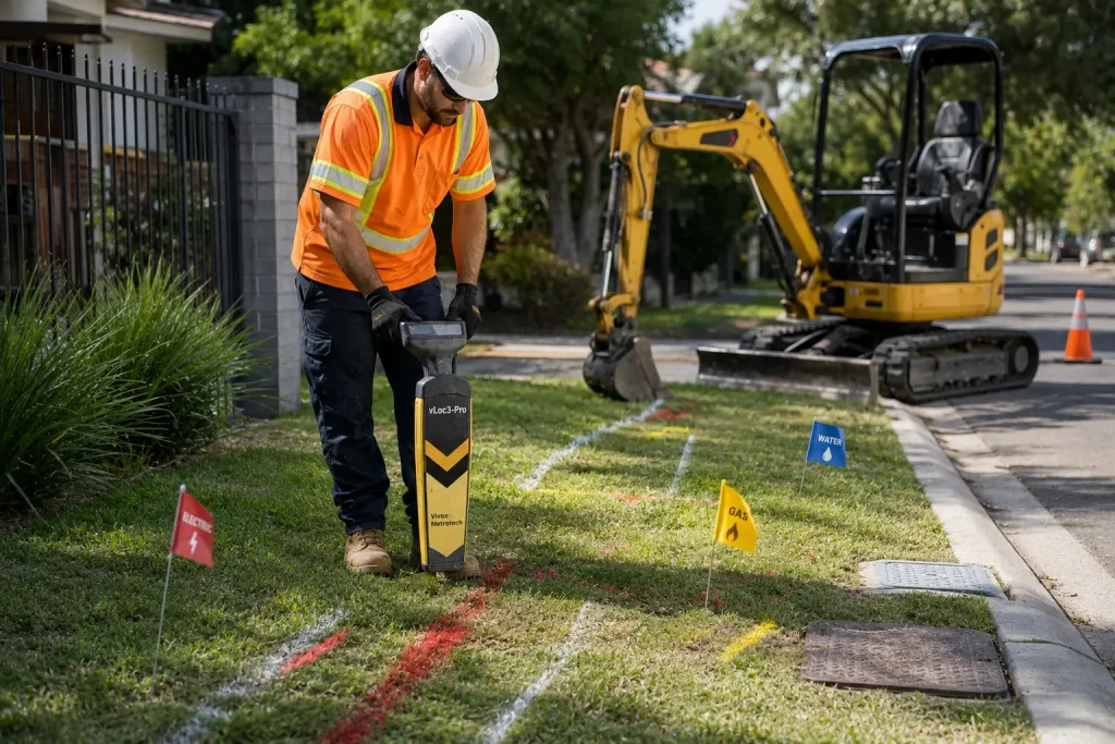 Worker checking for underground utilities before mini excavator digging begins