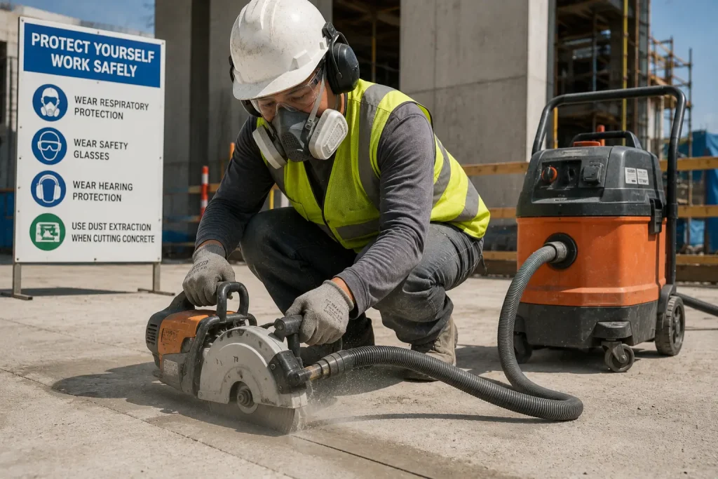 Worker wearing respirator and using dust extraction while cutting concrete