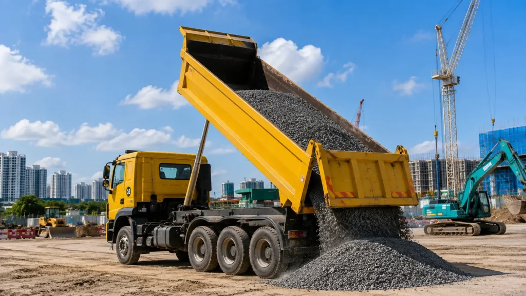 Yellow dump truck unloading gravel with a raised hydraulic bed at a construction site in Singapore.