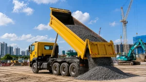 Yellow dump truck unloading gravel with a raised hydraulic bed at a construction site in Singapore.