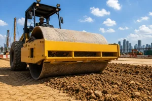 Vibratory roller compacting soil on a construction site
