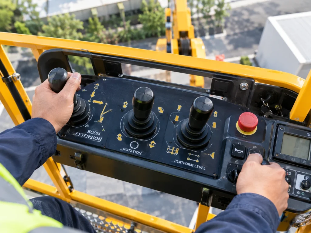 Close-up of cherry picker platform controls for boom extension and rotation