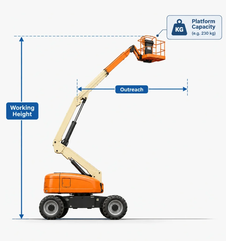 Diagram showing the three dimensions that define boom lift size: working height, outreach, and platform capacity