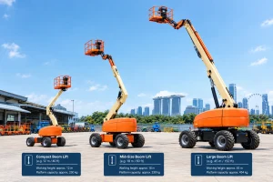 Three boom lifts of different sizes shown side by side for comparison