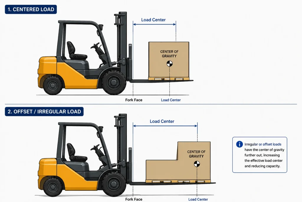Diagram showing how to measure load center for regular and irregular loads