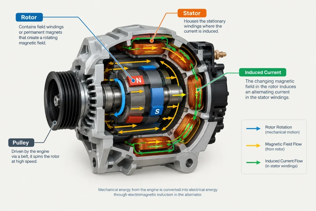 Diagram showing rotor spinning inside stator windings to induce electrical current