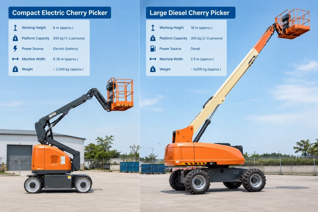 Comparison of compact and large cherry pickers showing size differences