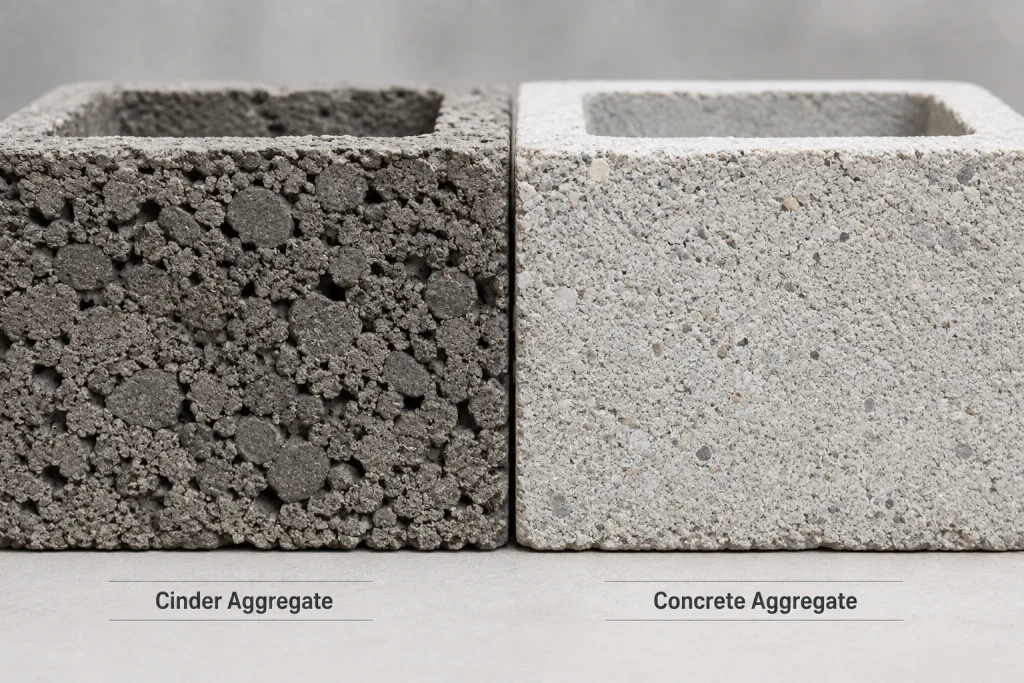 Cross-section comparison of cinder block and concrete block aggregate texture