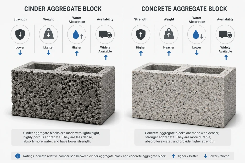 Infographic comparing concrete block and cinder block across strength, weight, water absorption, and availability