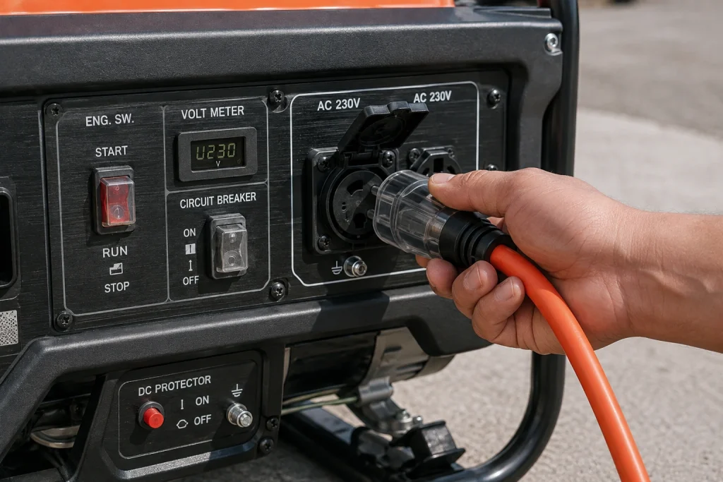 Connecting an extension cord to a generator's power outlet panel