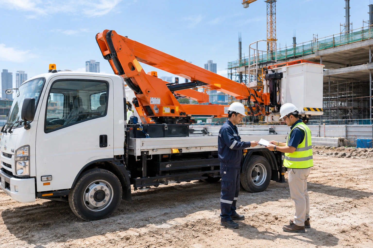 Cherry picker being delivered for rental at a construction site