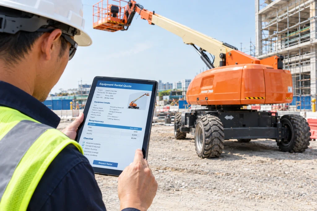 Site manager reviewing a rental quote for cherry picker hire