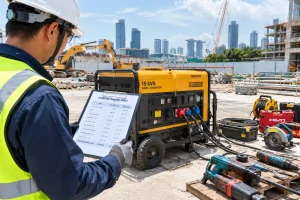 Technician reviewing a generator sizing chart before connecting equipment
