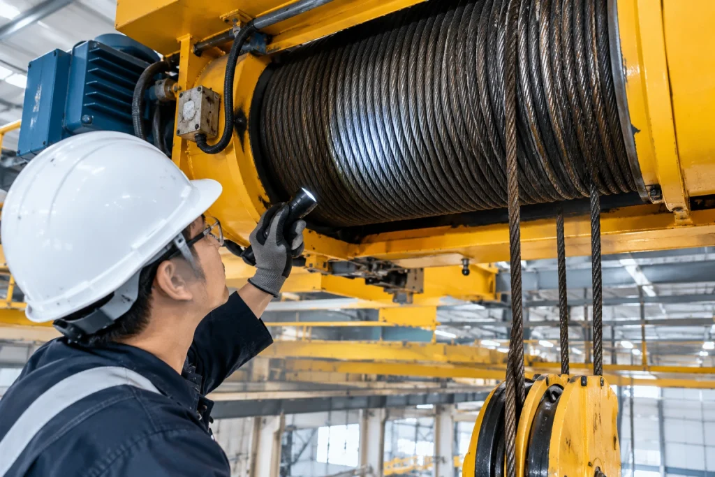 Worker performing a daily pre-use inspection checklist on an overhead crane