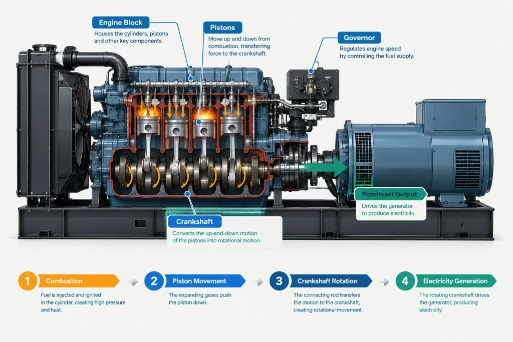 Labeled diagram of generator engine components including pistons, crankshaft, and governor