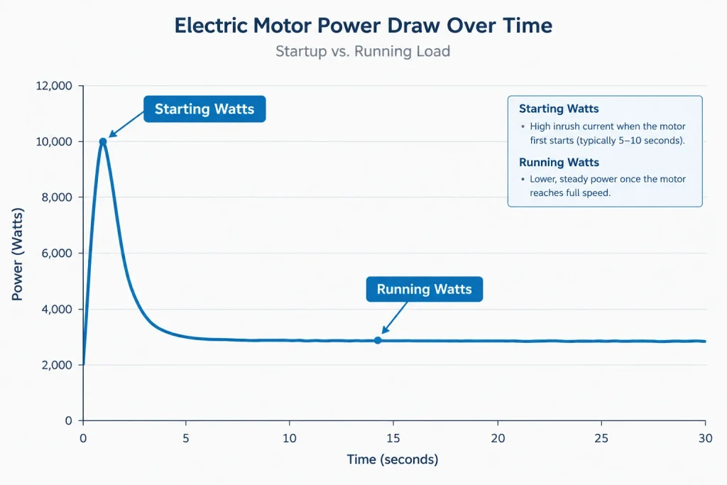 Graph showing the starting watts surge before settling to steady running watts