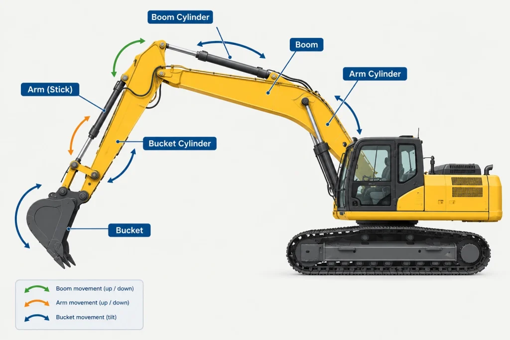 Labeled diagram of excavator boom, arm, and bucket cylinder assembly
