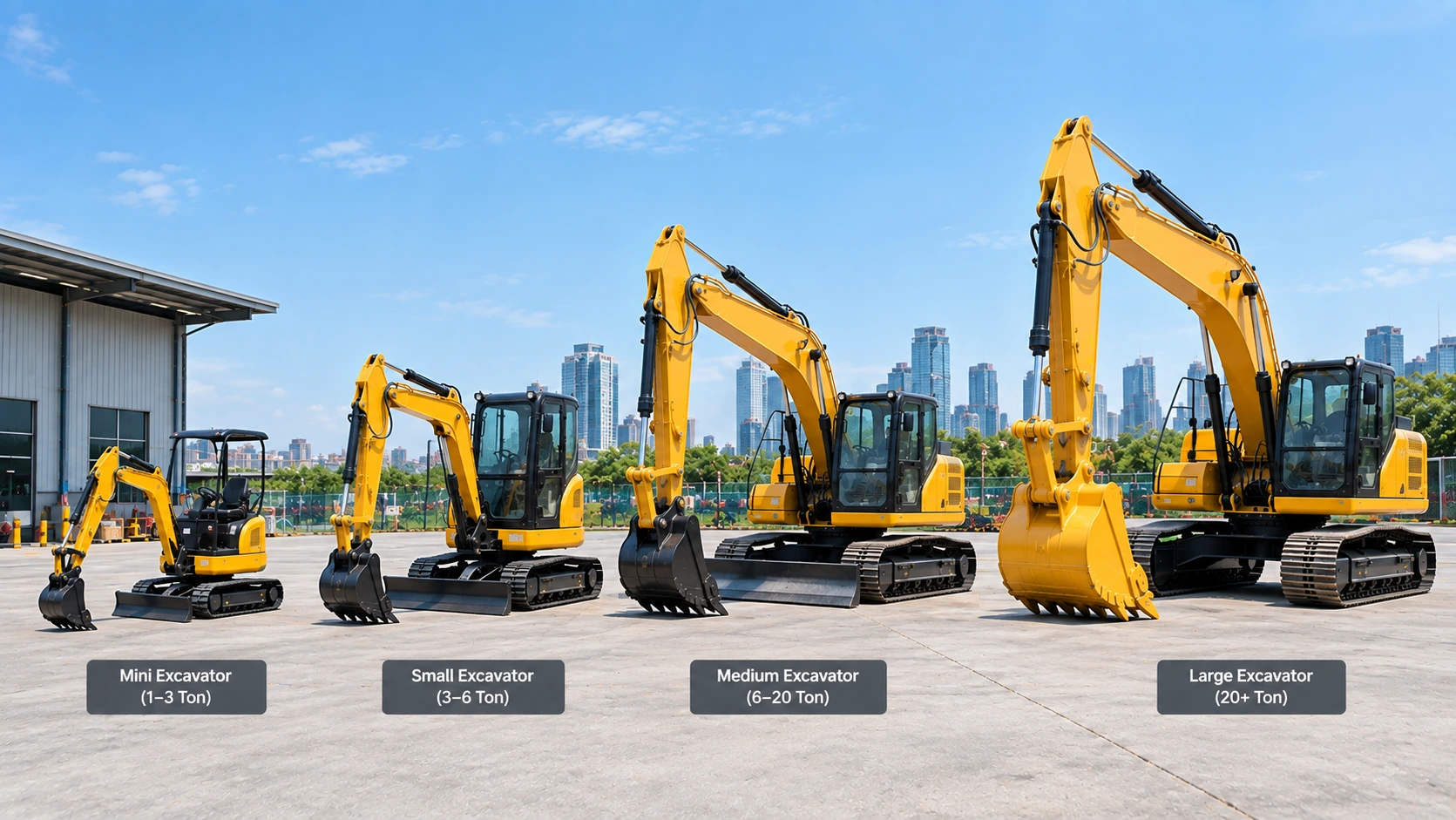 Four excavators of different sizes shown side by side for comparison