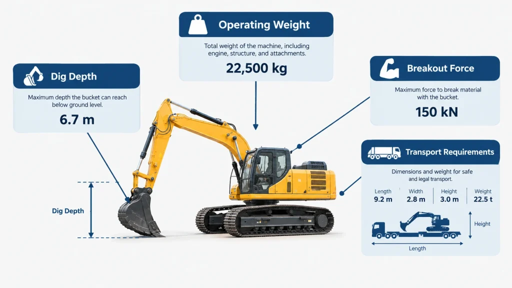 Diagram showing how operating weight relates to dig depth, breakout force, and transport requirements