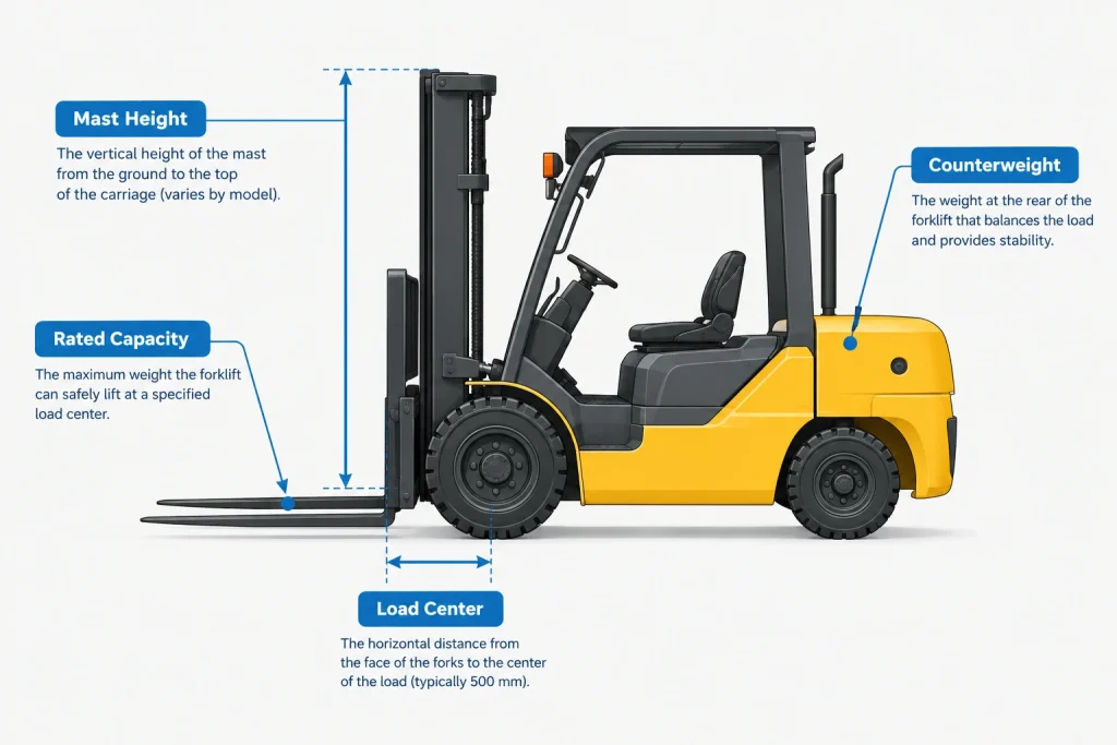 Diagram showing how rated capacity relates to counterweight, mast height, and load center