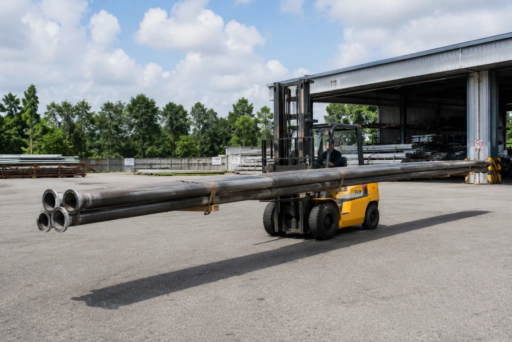 Forklift lifting a long load showing extended load position