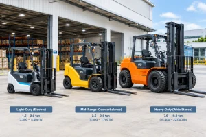 Three forklifts of different capacity classes shown side by side for comparison