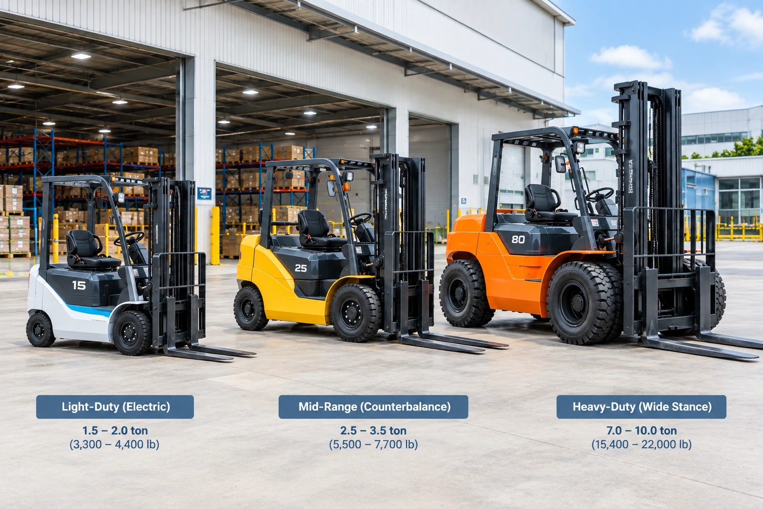Three forklifts of different capacity classes shown side by side for comparison
