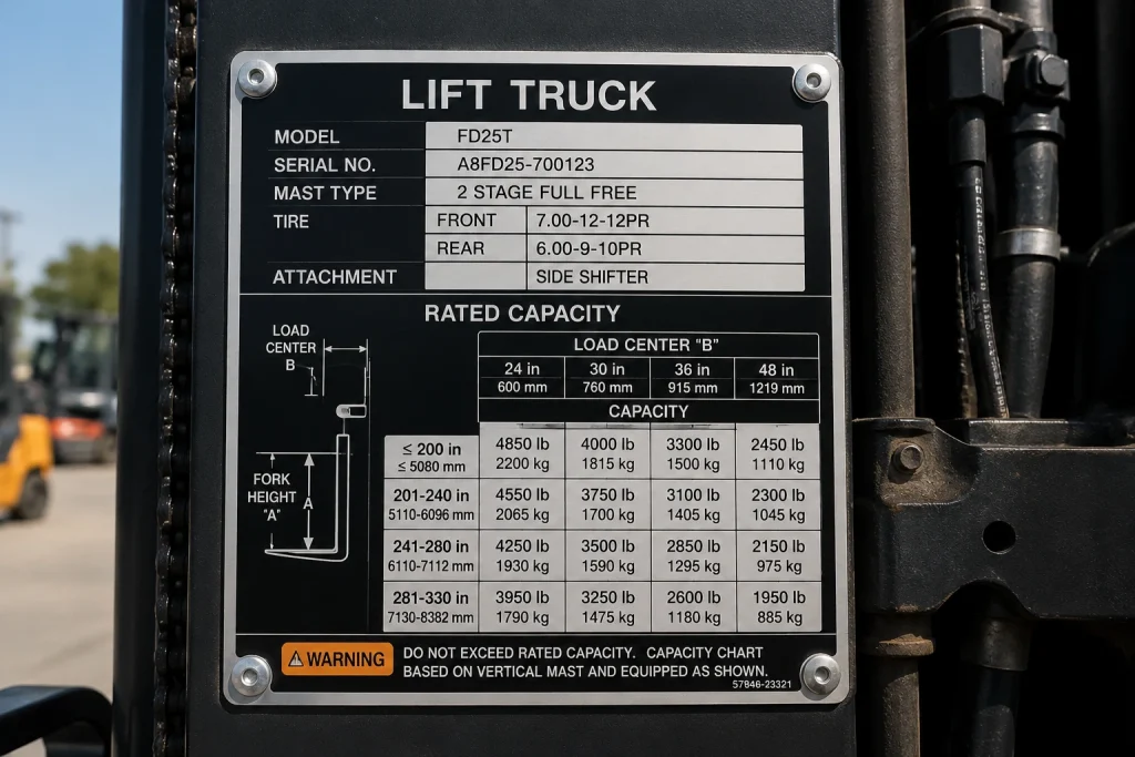 Forklift data plate showing rated capacity at different load centers