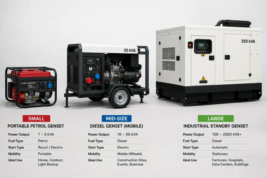 Comparison of portable, mid-size, and industrial genset types
