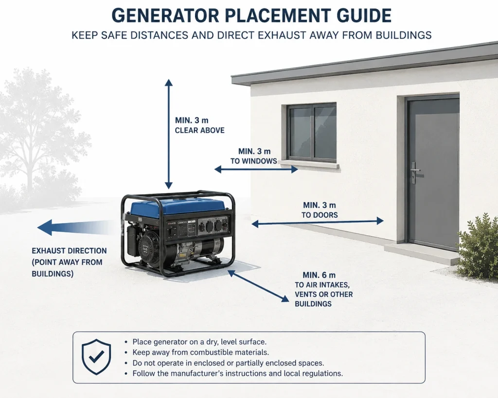 Diagram showing safe generator placement distance from a building