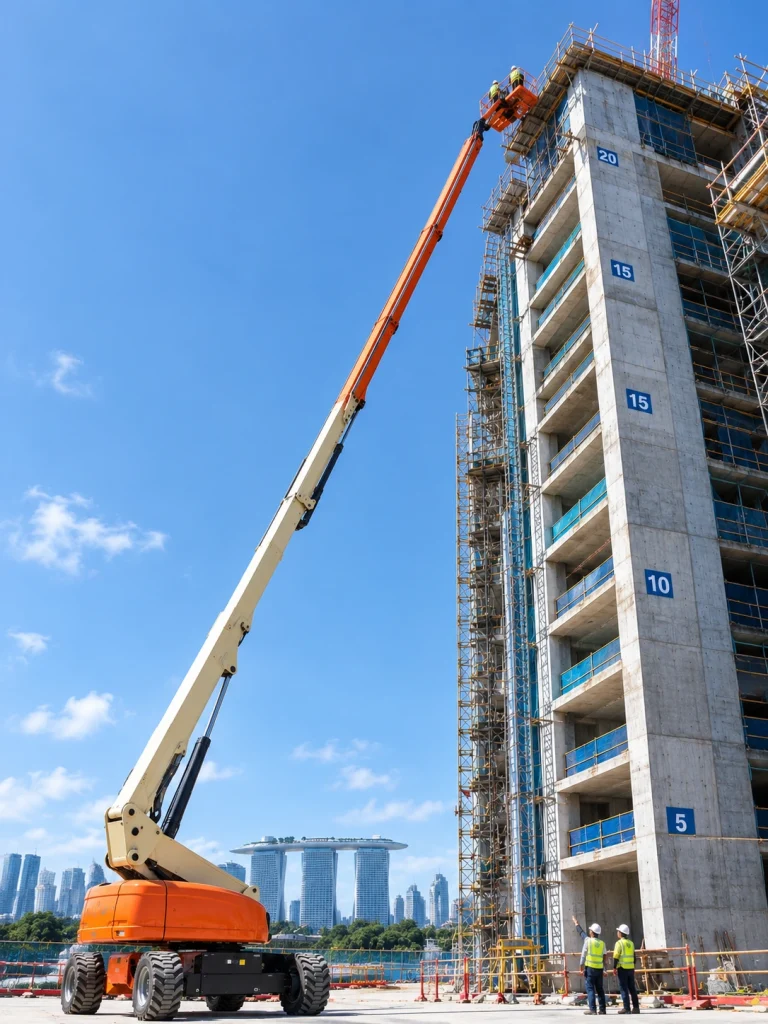 Large boom lift fully extended to reach a high-rise construction project