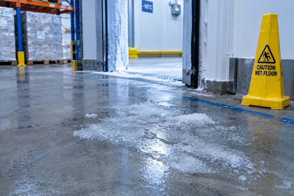Ice and condensation forming on a cold storage warehouse floor