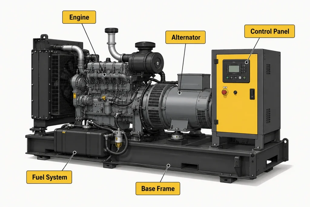 Labeled diagram of genset components including engine, alternator, and control panel