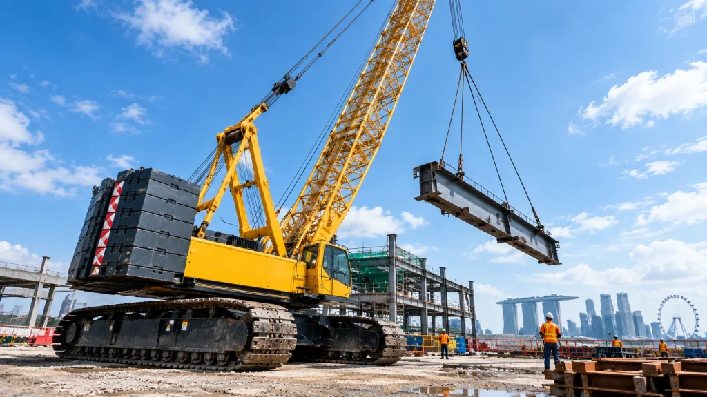 Crawler crane with lattice boom lifting heavy steel at a construction site