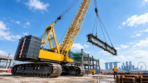 Crawler crane with lattice boom lifting heavy steel at a construction site