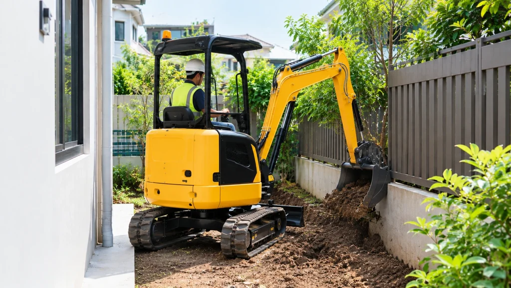 Mini excavator working in a confined residential space