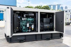 Generator with open panel showing engine, alternator, and fuel system components