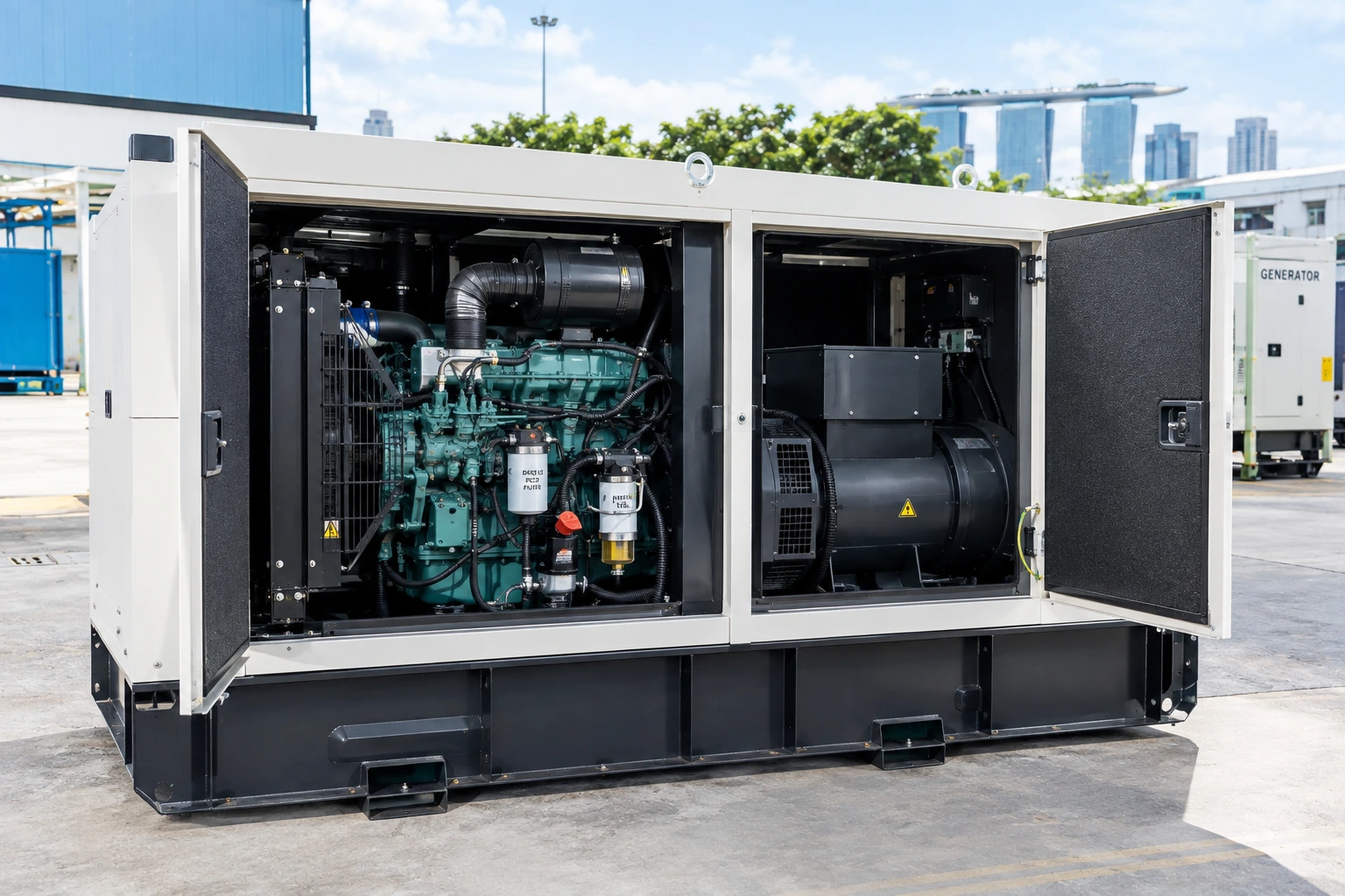 Generator with open panel showing engine, alternator, and fuel system components
