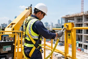 Worker performing a pre-use safety checklist inspection on a boom lift