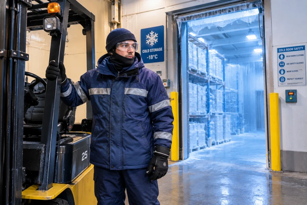 Forklift operator wearing cold-weather PPE at a cold storage zone entrance
