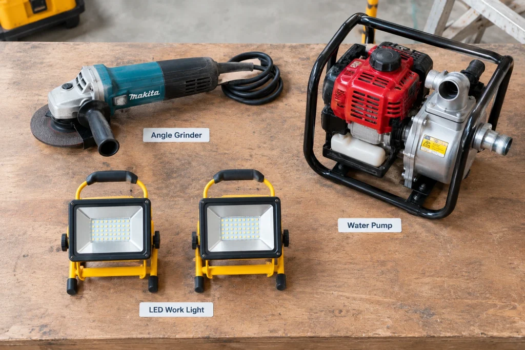 Angle grinder, water pump, and LED work lights used in a generator sizing example
