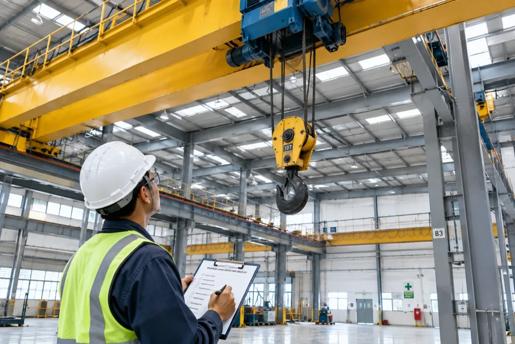 Worker performing a daily pre-use inspection checklist on an overhead crane