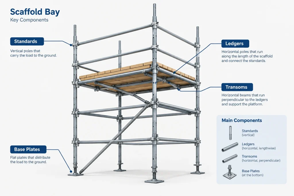 Labeled diagram showing standards, ledgers, transoms, and base plates on a scaffold